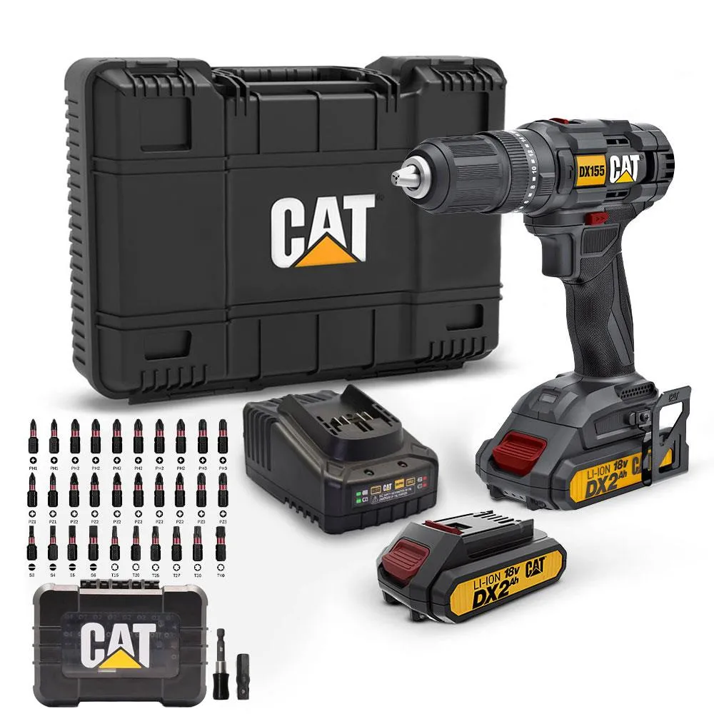 CAT DX155.1SET 18Volt/2.0Ah Li-ion Çift Akülü Profesyonel Şarjlı Darbeli Matkap + DA01901 32 Parça Vidalama Uç Seti