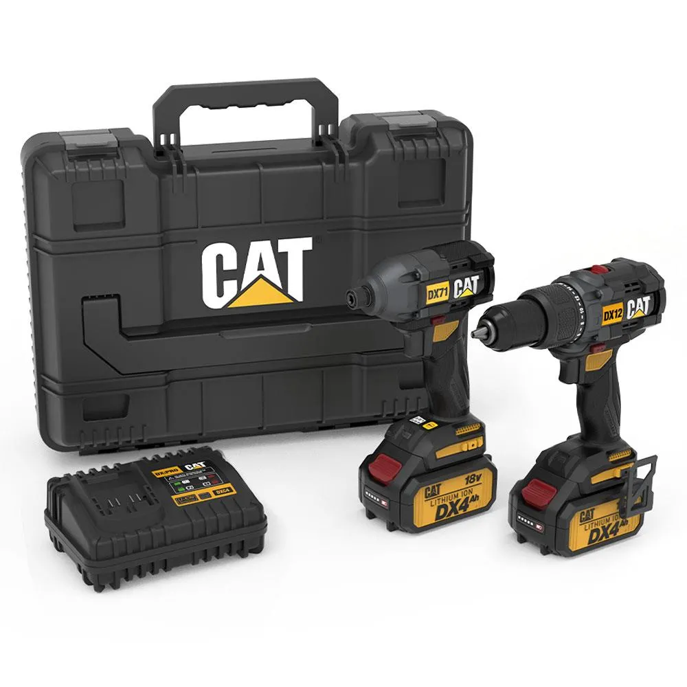 CAT DX12K.2 18Volt/4.0Ah Li-ion Çift Akülü Kömürsüz Profesyonel Şarjlı Darbeli Matkap + DX71.2 Kömürsüz Darbeli Tornavida Kombo Set