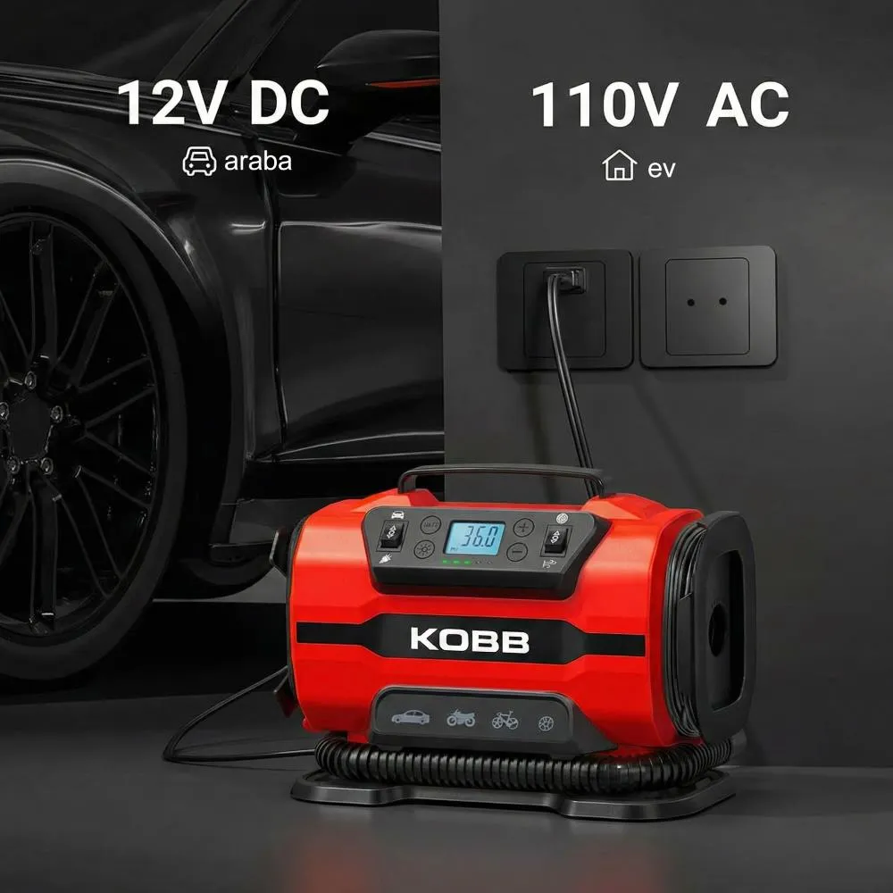 KOBB KB301 12-220 Volt Dijital Basınç Göstergeli Lastik ve Yatak Şişirme Pompası