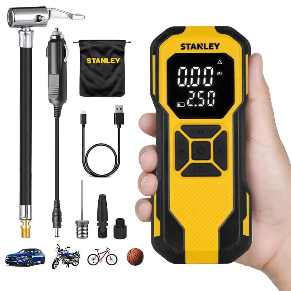 STANLEY SXIF0101 Şarjlı Dijital Göstergeli Akıllı Lastik Şişirme Pompası+Powerbank+SOS+Led Lamba