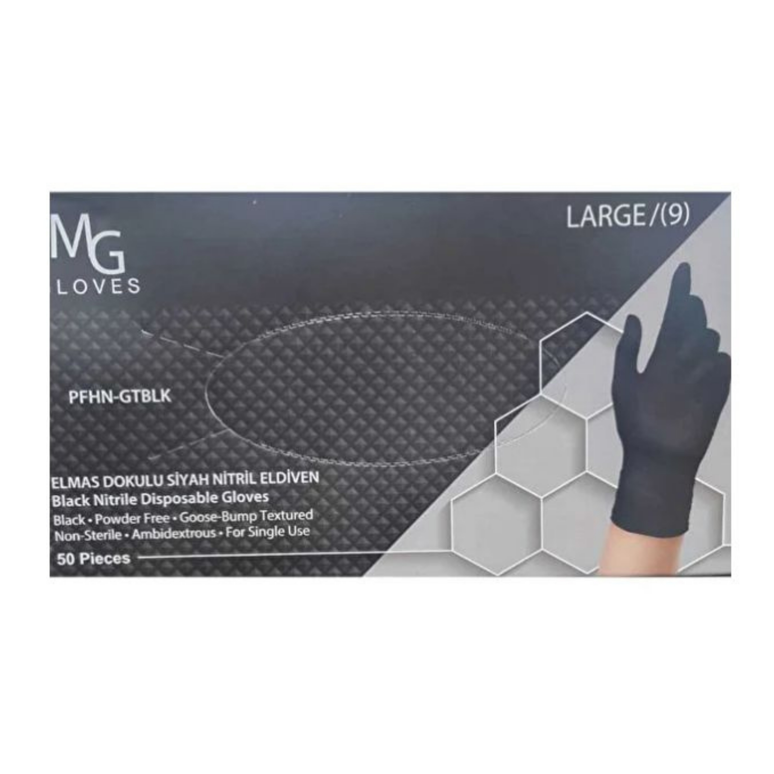 MG GLOVES ELMAS DOKULU SİYAH NİTRİL ELDİVEN LARGE (9) 50 ADET